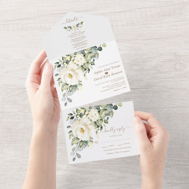 Vita blommor i vattenfärg Guld Monogram Bröllop (Avrivbar del)