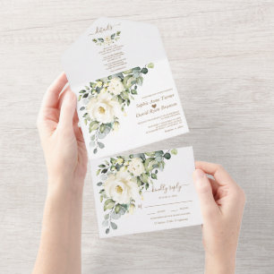 Vita blommor i vattenfärg Guld Monogram Bröllop