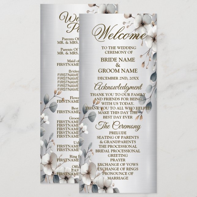 Vita blommor i vattenfärgen Guld Ram Silver Bröllo Program (Fram/baksida)