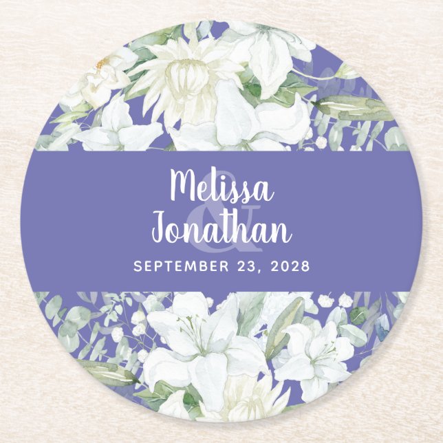 Vita blommor i vattenfärgsromantisk blommigt bröll underlägg papper rund (Framsidan)
