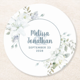 Vita blommor i vattenfärgsromantisk blommigt bröll underlägg papper rund