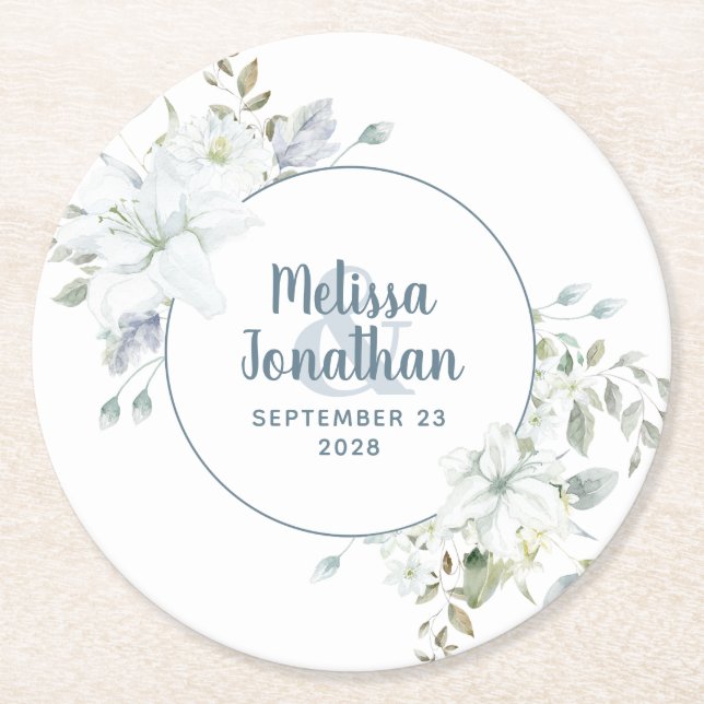 Vita blommor i vattenfärgsromantisk blommigt bröll underlägg papper rund (Framsidan)