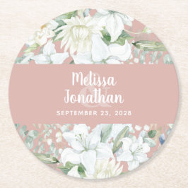 Vita blommor i vattenfärgsromantisk blommigt bröll underlägg papper rund