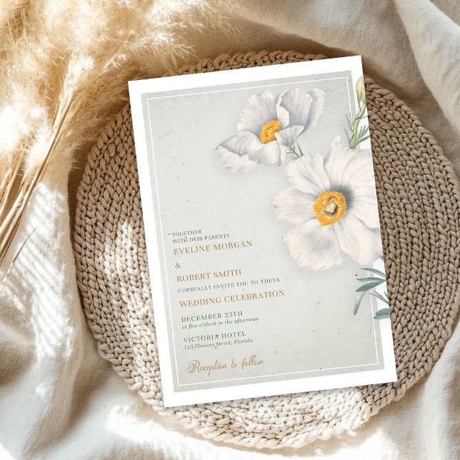 Vita blommor i vintagen guld bröllop inbjudningar (Watercolor vintage white flowers gold wedding invitation)