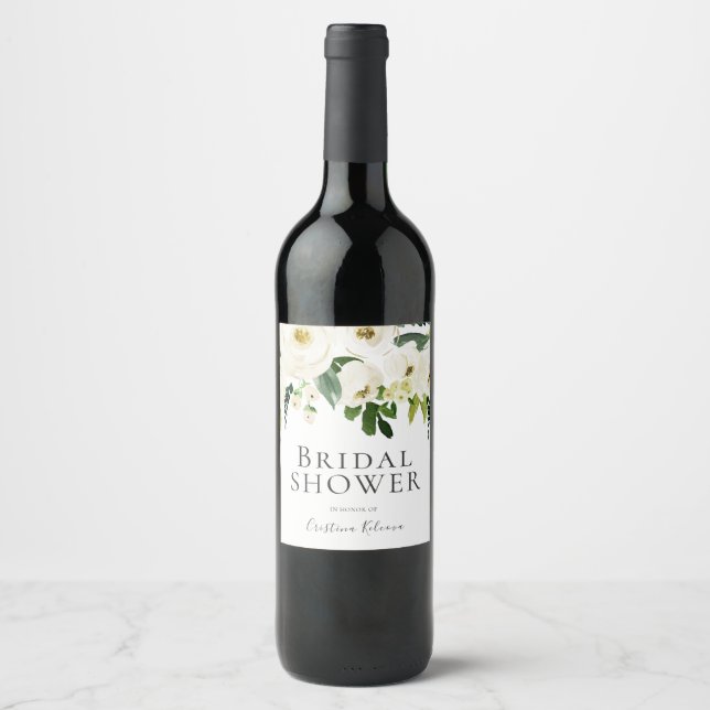 Vita blommor & kräm Elegant bröllopsdusch Vinflaska Etikett (Framsida)