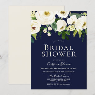 Vita blommor & Marinblå Elegant Bröllopsfest Inbjudningar