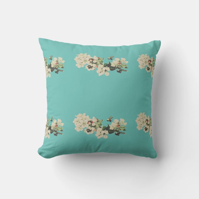 Vita blommor med Bees Teal Kudde (Framsida)