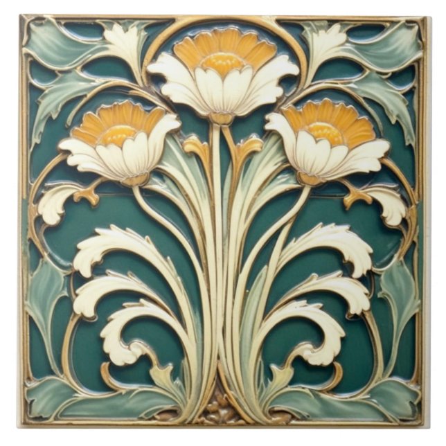 Vita blommor med Gult Pistils Kakelplatta (Framsidan)