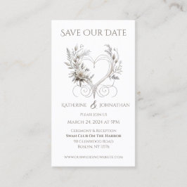 Vita blommor med hjärtsparande datum- visitkort