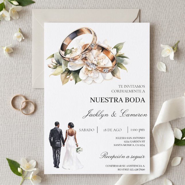 Vita blommor med ring Spansk bröllopsfest Inbjudningar (Skapare uppladdad)