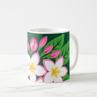 Vita blommor med rosa kanter och gröna blad kaffemugg