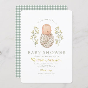 Vita blommor med vattenfärg Baby, Elegant Babykläd Inbjudningar