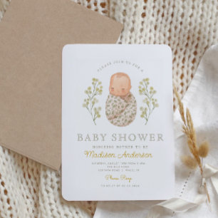 Vita blommor med vattenfärg Baby, Elegant Babykläd Inbjudningar