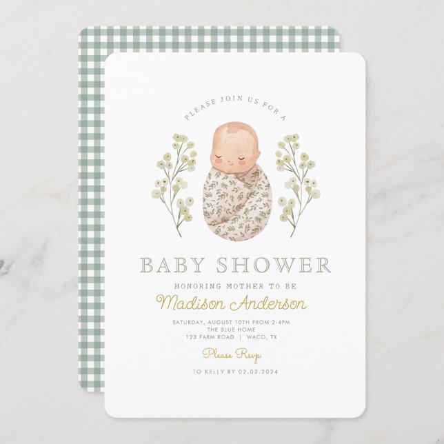 Vita blommor med vattenfärg Baby, Elegant Babykläd Inbjudningar (Skapare uppladdad)