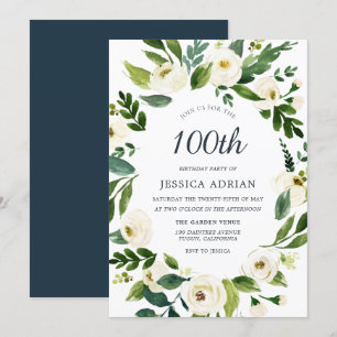 Vita blommor Modern 100:e Födelsedagsfesten Inbjud Inbjudningar