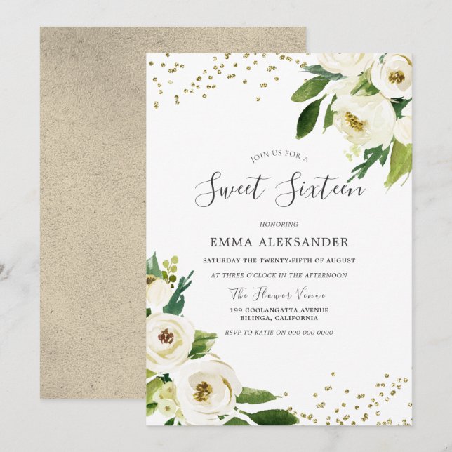 Vita blommor Modern Guld Sweet sixteen Inbjudan (Fram/baksida)