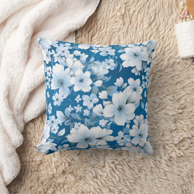 vita blommor mönster, blå bakgrund, kudde (Filt)