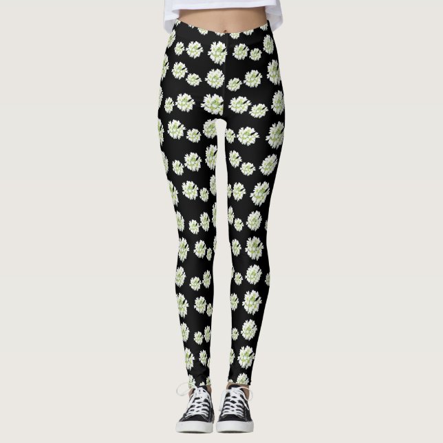 Vita blommor Mönster Cust. Koppling Leggings (Framsida)