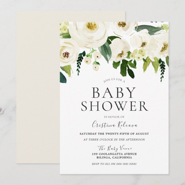 Vita blommor och Cream Elegant Babykläder Inbjudningar (Fram/baksida)