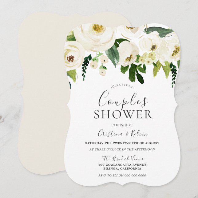Vita blommor och Cream Elegant Par Shower Inbjudningar (Fram/baksida)