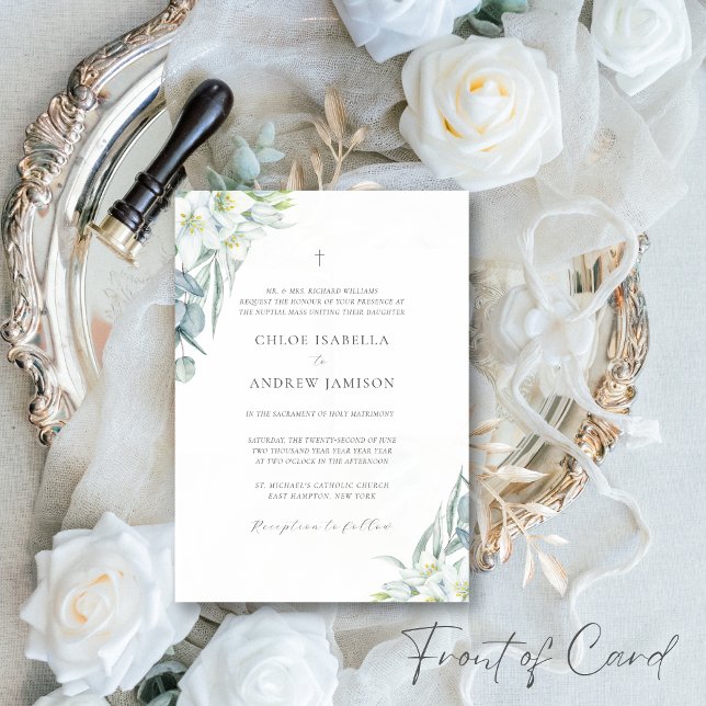 Vita blommor och Elegant Greenery Catholic Bröllop Inbjudningar (The elegant Chloe Catholic wedding invitation suite has a clean, minimalist aesthetic)