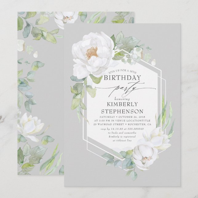 Vita blommor och Eleganten Grey Modern födelsedag Inbjudningar (Fram/baksida)
