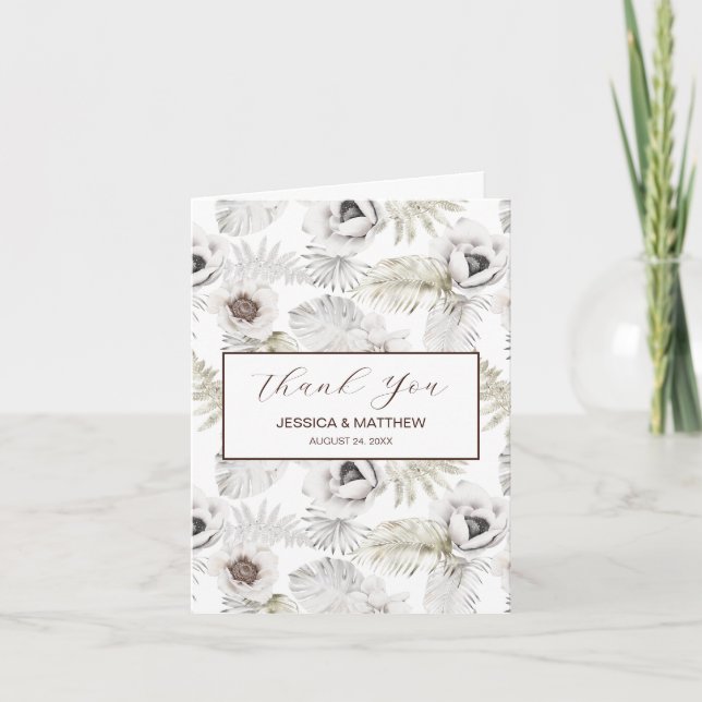 Vita blommor och fjädrar tack kort (Framsida)