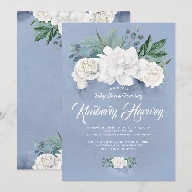 Vita blommor och Greenergiy Dusty Blue Baby Shower Inbjudningar (Fram/baksida)