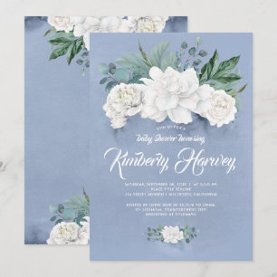 Vita blommor och Greenergiy Dusty Blue Baby Shower Inbjudningar