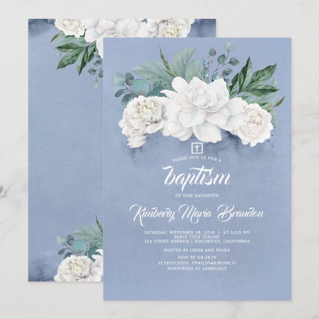 Vita blommor och Greenery Dusty Blue Baptism Inbjudningar (Fram/baksida)