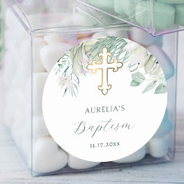 Vita blommor och Grey Baptism Sticker Runt Klistermärke