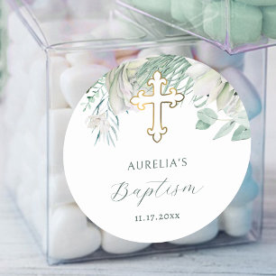 Vita blommor och Grey Baptism Sticker Runt Klistermärke