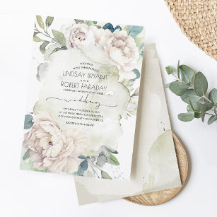 Vita blommor och Grey Elegant Vintage bröllop Inbjudningar