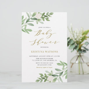 Vita blommor och grönska Baby Shower-inbjudan