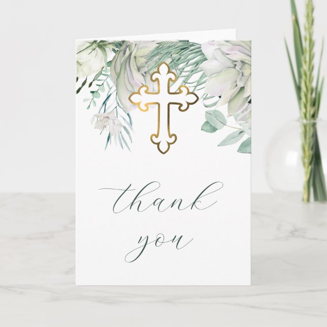 Vita blommor och grönska religiöst tack kort (Framsida)