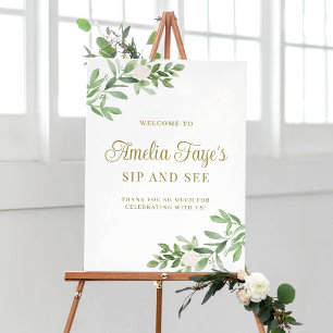 Vita blommor och grönska Sipp och titta välkommen Poster