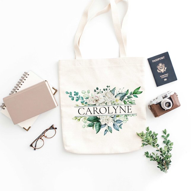 Vita blommor och grönt Bridesmaid-eget namn Tygkasse (Skapare uppladdad)