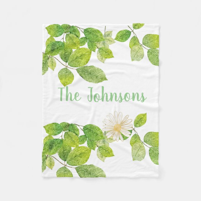 Vita blommor och Grönt Löv Garden Fleecefilt (Framsidan)