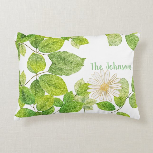 Vita blommor och Grönt Löv Garden Prydnadskudde (Framsidan)