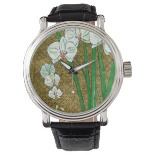 Vita blommor och Grönt Stems på Brown Gräns Armbandsur