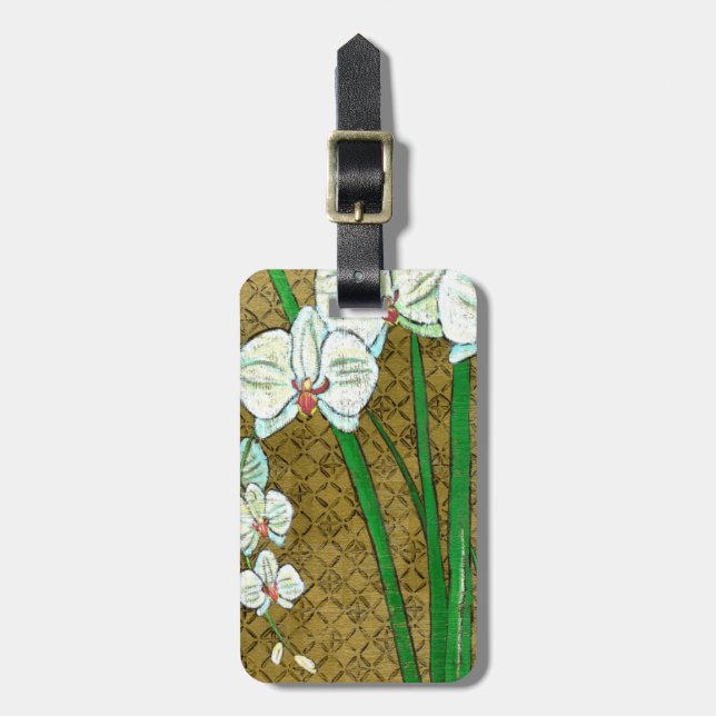 Vita blommor och Grönt Stems på Brown Gräns Bagagebricka (Vertikal Framsida)