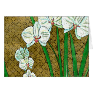 Vita blommor och Grönt Stems på Brown Gräns Hälsningskort