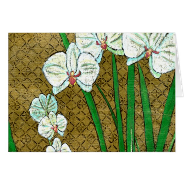 Vita blommor och Grönt Stems på Brown Gräns Hälsningskort (Framsidan Horizontal)