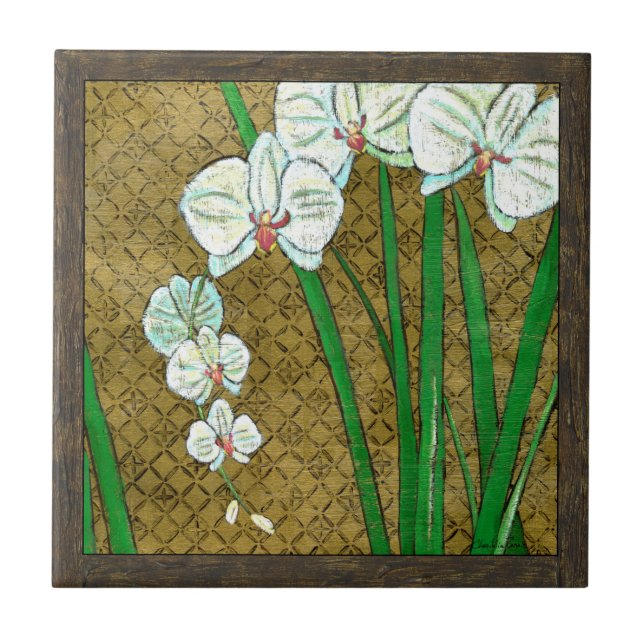 Vita blommor och Grönt Stems på Brown Gräns Kakelplatta (Framsidan)