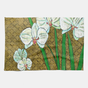 Vita blommor och Grönt Stems på Brown Gräns Kökshandduk