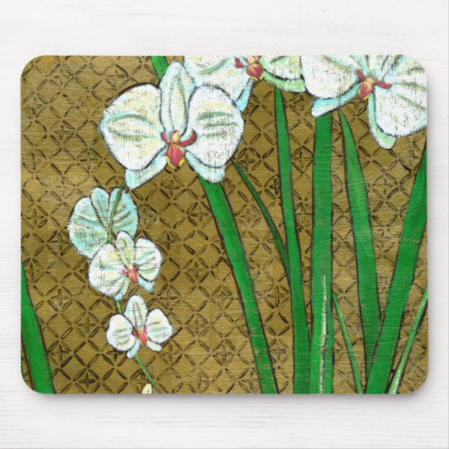 Vita blommor och Grönt Stems på Brown Gräns Musmatta (Framsidan)