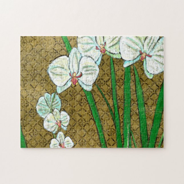 Vita blommor och Grönt Stems på Brown Gräns Pussel (Horisontell)