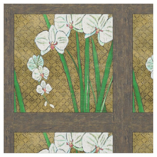 Vita blommor och Grönt Stems på Brown Gräns Tyg (Närbild)