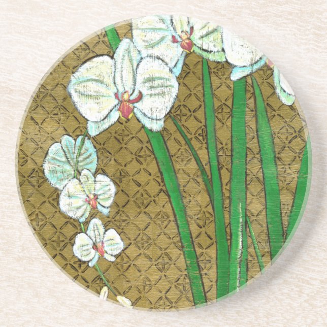 Vita blommor och Grönt Stems på Brown Gräns Underlägg (Framsidan)