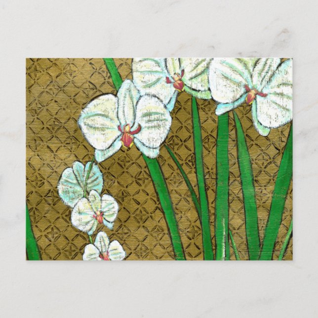 Vita blommor och Grönt Stems på Brown Gräns Vykort (Framsida)